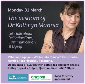 Poster with image of Dr Mannix and invitation to a free public event on 31st March, 5.30pm for a 6pm start, at Whenua Pupuke at North Shore Hospital, Auckland.
