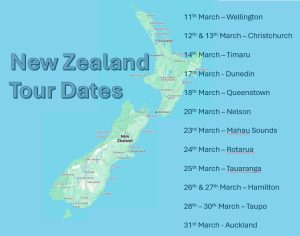 Map of New Zealand with Kathryn's tour dates written over the ocean.